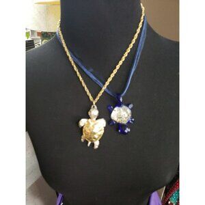 Estate Sale Jewelry Lot Of 2 Turtle Necklaces - Gold And Silver Tone, Blue Glass